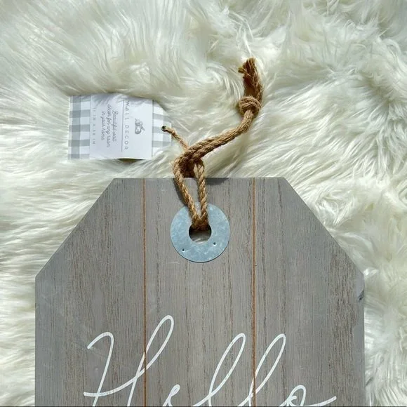 Hello Spring Wood Door Hanger with Rope Hanging Loop Gray / White 14” x 20” - Picture 2 of 2